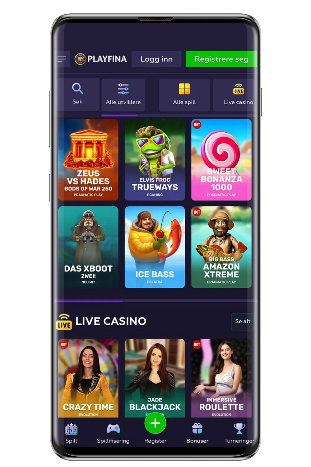 Skjermbilder av Playfina Casinos mobilapp