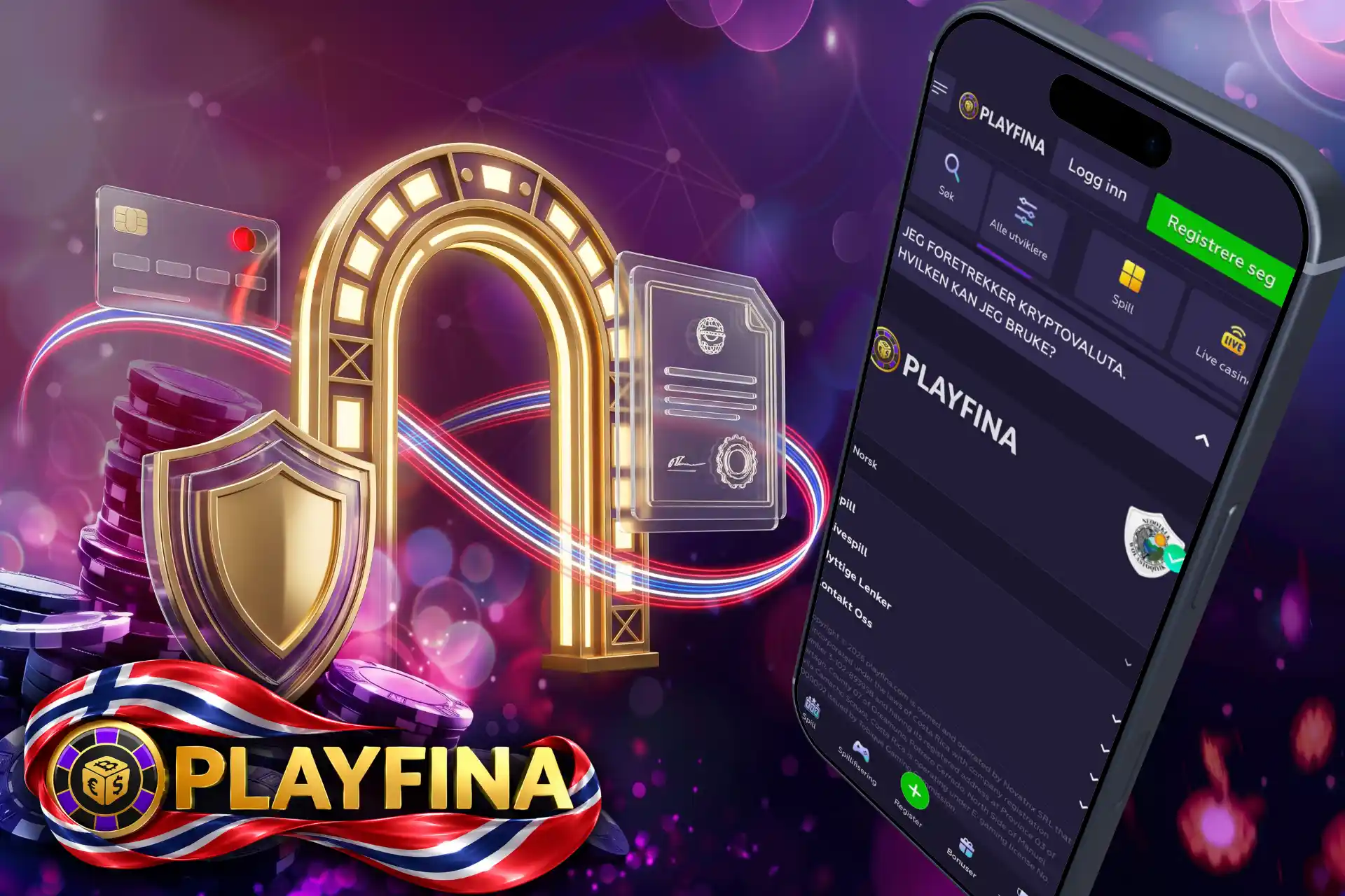 Juridisk oversikt over pengespill på nett hos Playfina, presentert på mobil ved en gyllen portal i norske farger og et offisielt lisensdokument.